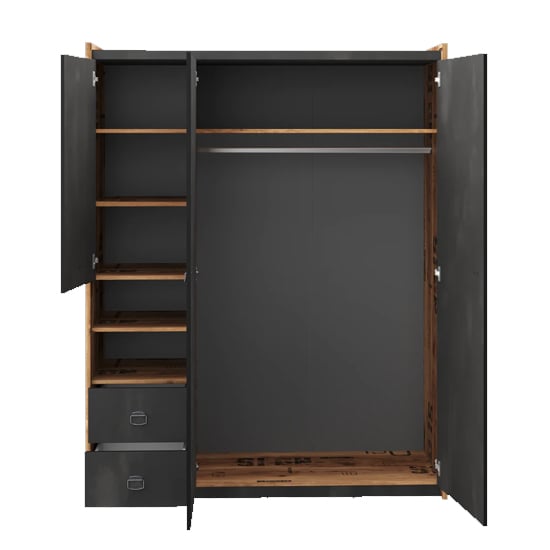 CHOICEWARDROBE 3-door wardrobe in raw steel and reclaimed wood effect, open doors showing shelves and drawers