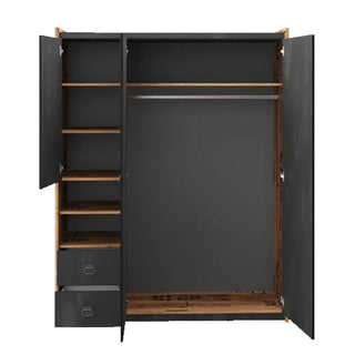 The CHOICEWARDROBE Fairbourne 150cm 3 Door Wardrobe in raw steel and reclaimed wood effect features built-in shelves and drawer storage on one side, with a spacious hanging area on the other for a bold, modern look.