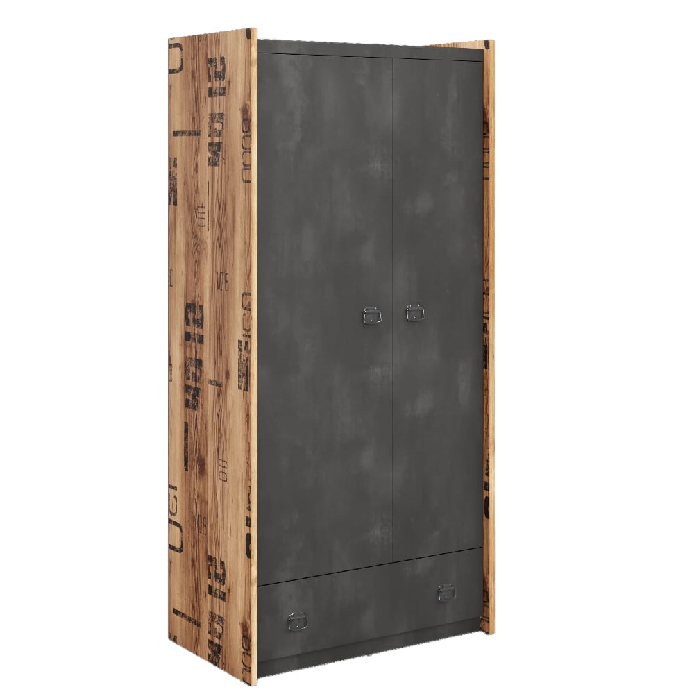 CHOICEWARDROBE Fairbourne 2-door hinged wardrobe with raw steel and stamped reclaimed wood effect.
