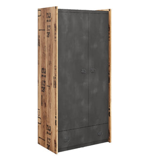 The CHOICEWARDROBE Fairbourne 2 Door Hinged Wardrobe features a raw steel finish, reclaimed wood effect sides with stamped text designs, double doors with two handles, and a bottom drawer—perfect for urban style interiors.