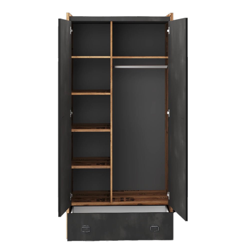 CHOICEWARDROBE Fairbourne 2-door hinged wardrobe, raw steel & reclaimed wood effect, open doors showing shelves, hanging rail, and drawer.