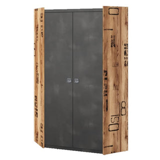 The CHOICEWARDROBE Fairbourne L-Shaped Corner Wardrobe features raw steel and reclaimed wood effect panels in an industrial walk-in style, combining dark gray metal with light wood details for a modern storage solution.