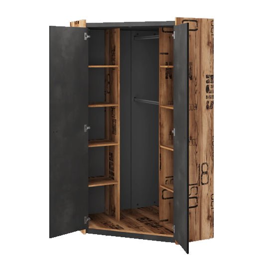 CHOICEWARDROBE L-shaped corner wardrobe, raw steel & reclaimed wood effect, open doors showing shelves and hanging rail.