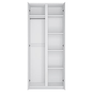 Interior of CHOICEWARDROBE Fank Matt White 2 Door Wardrobe showing hanging rail, shelving and slim storage layout
