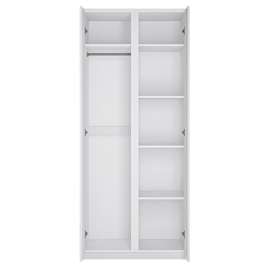 CHOICEWARDROBE Fank Matt White 2 Door Wardrobe interior with hanging rail and shelves.