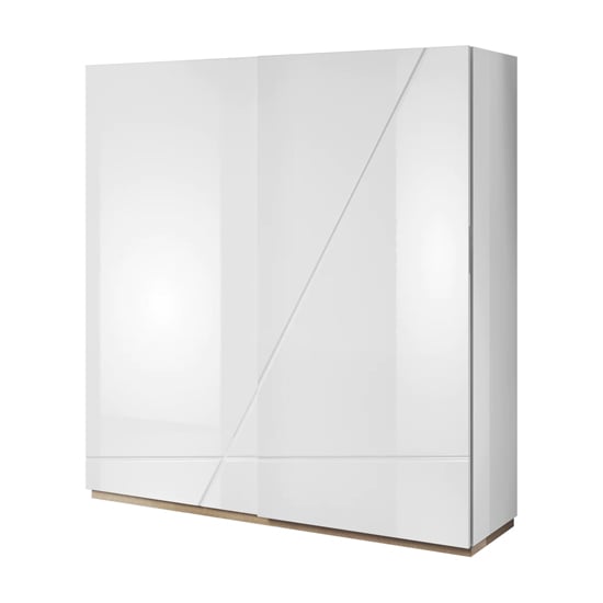 White high gloss 2-door sliding wardrobe with diagonal groove and wood base
