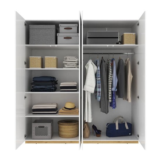 CHOICEWARDROBE Fargo 200cm white high gloss sliding wardrobe interior with shelves, hanging rail, and storage.