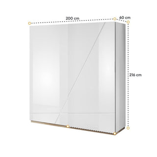 The CHOICEWARDROBE Fargo 200cm White High Gloss Sliding Wardrobe features sleek, modern style, smooth glide 2 doors, reflective high gloss finish. Dimensions: 200cm W x 216cm H x 60cm D, with a 101cm lower front section.