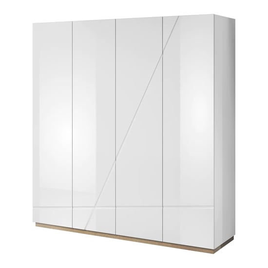 White high gloss 4-door hinged wardrobe with modern angled design detail