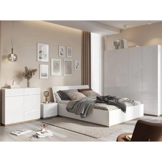 Fargo 200cm White High Gloss 4-Door Wardrobe in a modern bedroom setting.
