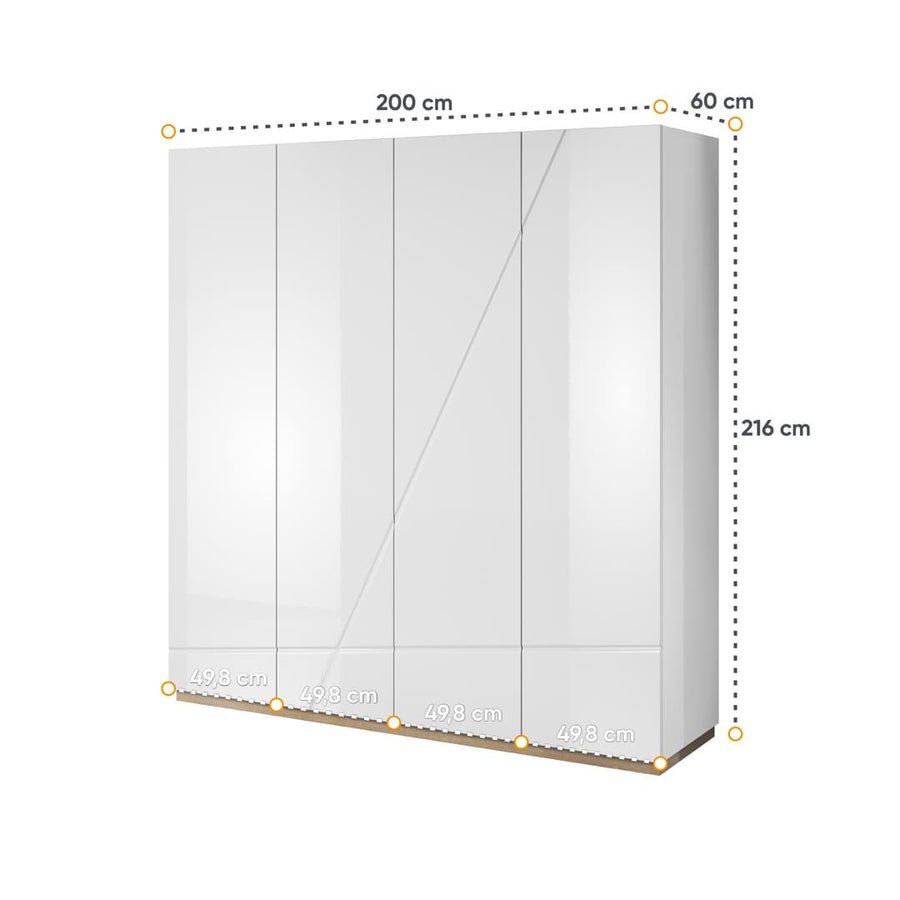 CHOICEWARDROBE Fargo 200cm White High Gloss 4-door hinged wardrobe with dimensions shown.