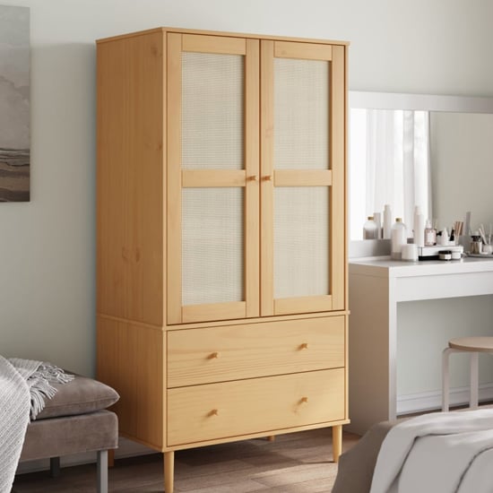 CHOICEWARDROBE Fenland natural pine 2-door wooden wardrobe with rattan panels and drawers