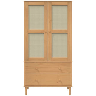 The CHOICEWARDROBE Fenland 2 Door Wooden Wardrobe features a natural pine finish, rattan panel doors on top, and two drawers below. It stands on four short legs and has simple round knobs on both the doors and drawers.