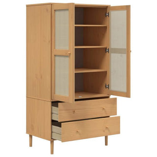 The CHOICEWARDROBE Fenland 2 Door Wooden Wardrobe in a natural pine finish features rattan panel doors, three interior shelves, and two bottom drawers. Both doors are open and the partially-pulled drawers reveal its spacious storage.