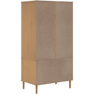 The CHOICEWARDROBE Fenland 2 Door Wooden Wardrobe features a tall, rectangular shape in a natural pine finish with rattan panel doors, two drawers, and stands on four short legs.