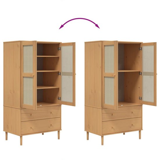 Two CHOICEWARDROBE Fenland 2-door wardrobes in natural pine finish: one closed, one with open rattan panel doors showing shelves.