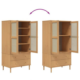 Two CHOICEWARDROBE Fenland wardrobes with two bottom drawers are shown: one with solid pine doors closed, the other with rattan panel doors, both in a natural pine finish and featuring interior shelves. A purple arrow points between them.