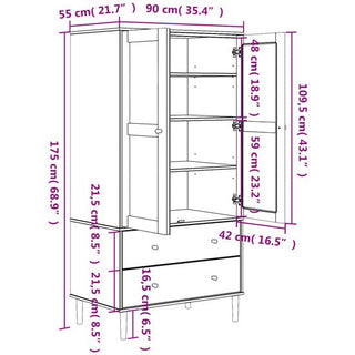 Line drawing of the CHOICEWARDROBE Fenland 2 Door Wooden Wardrobe in natural pine finish with rattan panel doors and 2 drawers, displaying detailed height, width, depth, and compartment measurements in cm and inches.