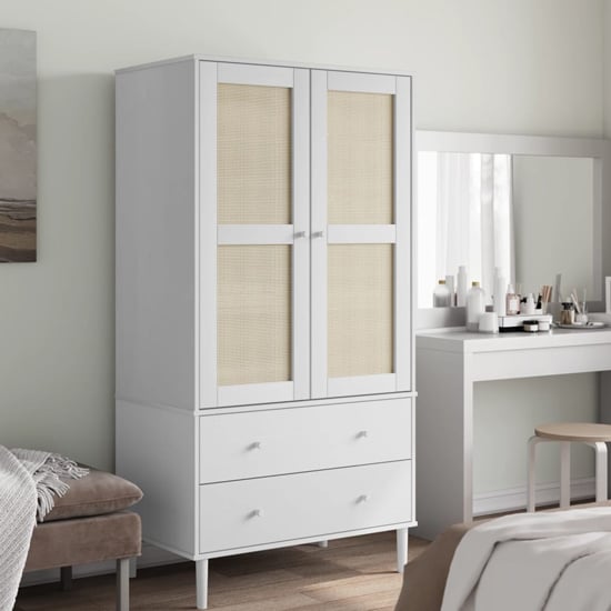 CHOICEWARDROBE Fenland white 2-door wooden wardrobe with rattan panels and 2 drawers