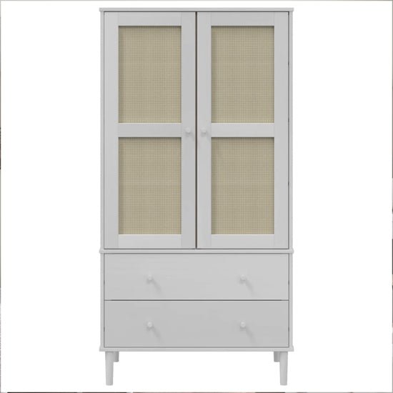 White wooden wardrobe with rattan panel doors and two drawers