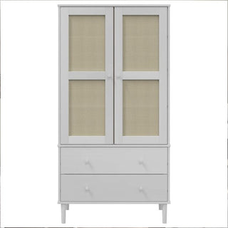 The CHOICEWARDROBE Fenland 2 Door Wooden Wardrobe in a white finish features rattan panel doors above and two drawers below, all standing on four legs against a plain white background.