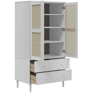 The CHOICEWARDROBE Fenland 2 Door Wooden Wardrobe features a white finish, rattan panel doors, three shelves, and two drawers, all elegantly raised on four legs.