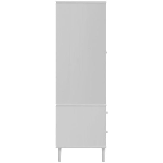 White wooden wardrobe with rattan panel doors and two drawers on a white background.
