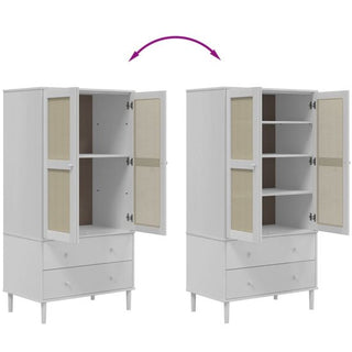 Two CHOICEWARDROBE Fenland 2 Door Wooden Wardrobes in white with rattan panel doors and 2 drawers; the left shows 1 large shelf, the right an extra shelf. A double-headed arrow appears above them.
