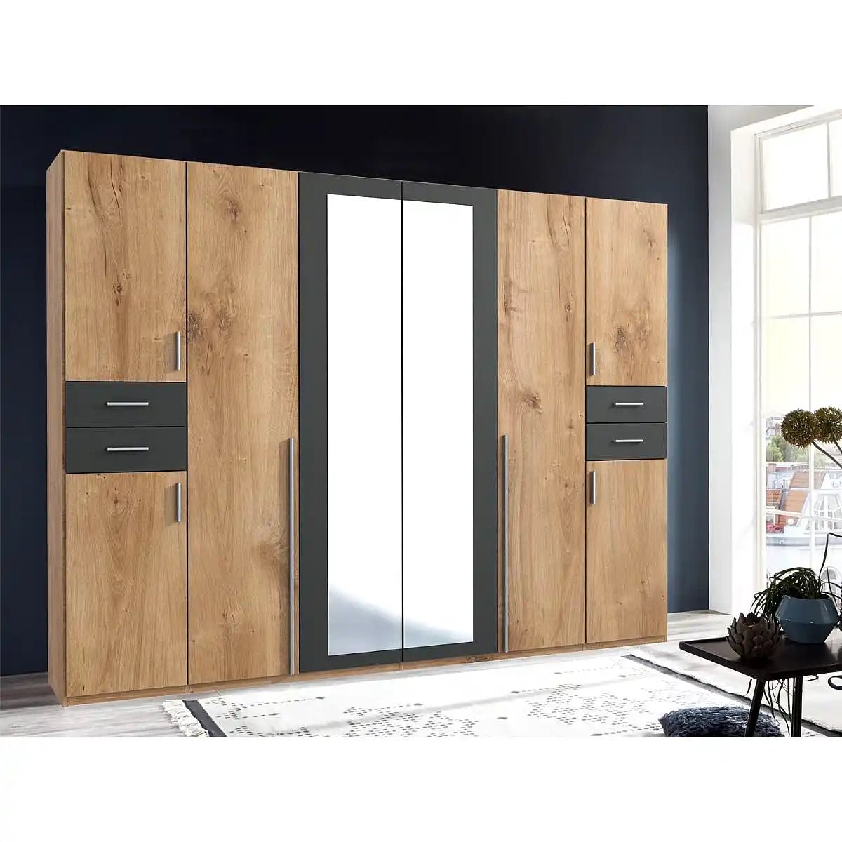 Oak and graphite 6-door mirrored wardrobe with drawers