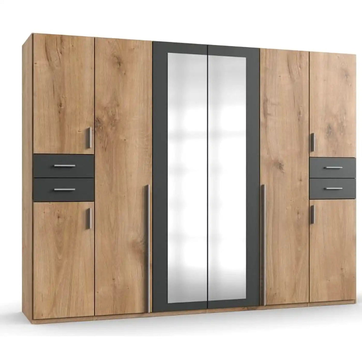 Fenton 6-door mirrored wardrobe in oak and graphite finish with contemporary handles