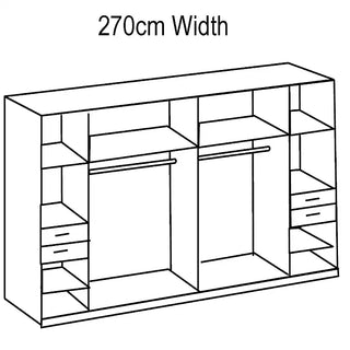Line drawing of the CHOICEWARDROBE Fenton 270cm 6 Door Mirrored Wardrobe in oak & graphite, featuring hanging rails, storage shelves, and drawers for modern organization.