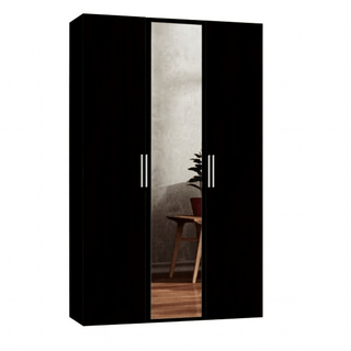 The CHOICEWARDROBE Ferrano 3 Door Wardrobe – Black with Mirror (120cm) features silver handles and a center door with a full-length mirror, adding style and function while reflecting your room’s décor. Ideal for any space.