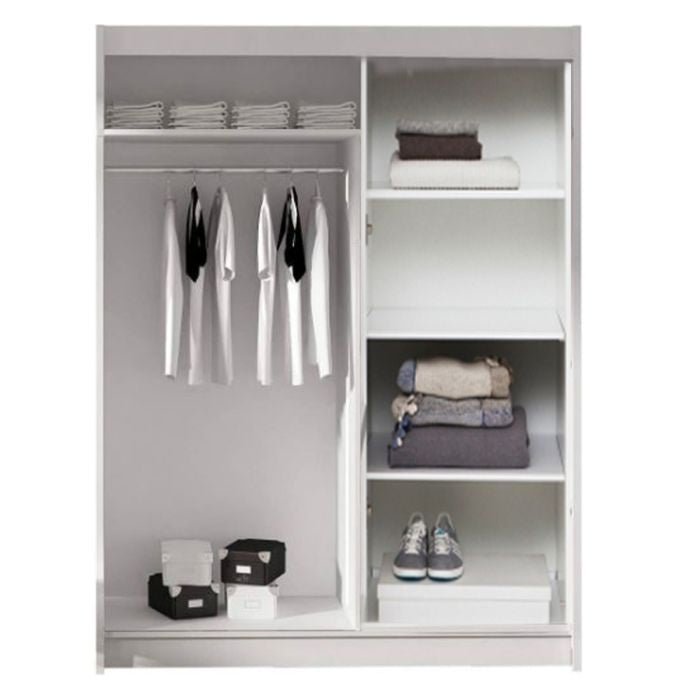 White 3 door wardrobe interior with hanging rail and shelved storage