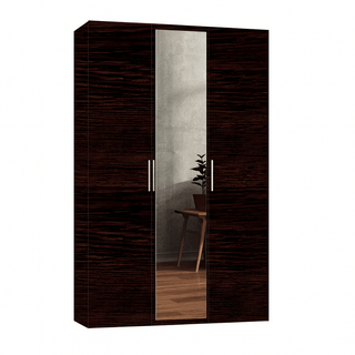 The CHOICEWARDROBE Ferrano 3 Door Wardrobe in Wenge Brown features silver handles, a full-length mirrored door, and is crafted from MDF chipboard. Shown against a white background, the mirror reflects a plant and chair. Size: 120cm.