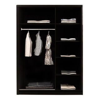 The CHOICEWARDROBE Ferrano 3 Door Wardrobe – Black with Mirror (120cm) features an open front, clothes hanging on a rod to the left, neatly folded items on shelves to the right and bottom, and a minimalist multi-compartment design.