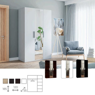 A bedroom featuring the CHOICEWARDROBE Ferrano 3 Door Wardrobe – Black with Mirror (120cm), a gray armchair, a floor lamp, and a large window with sheer curtains. The wardrobe’s layout includes mirrored doors and sleek black finish.