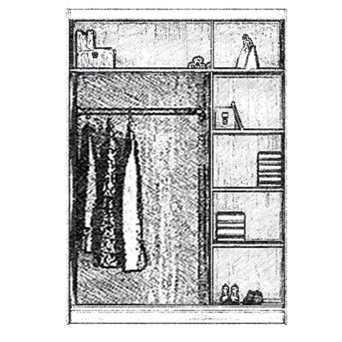 CHOICEWARDROBE white 3 door wardrobe sketch with hanging clothes and shelves.