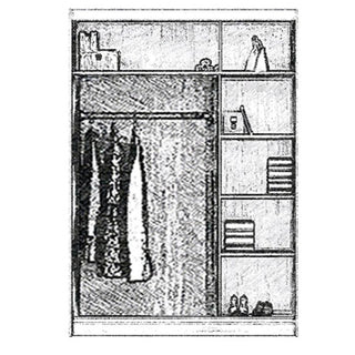 A black and white sketch of the CHOICEWARDROBE Ferrano 3 Door Wardrobe – White with Mirror (120cm) shows hanging clothes on the left, stacked items on right-side shelves, and various objects on the top and bottom shelves.