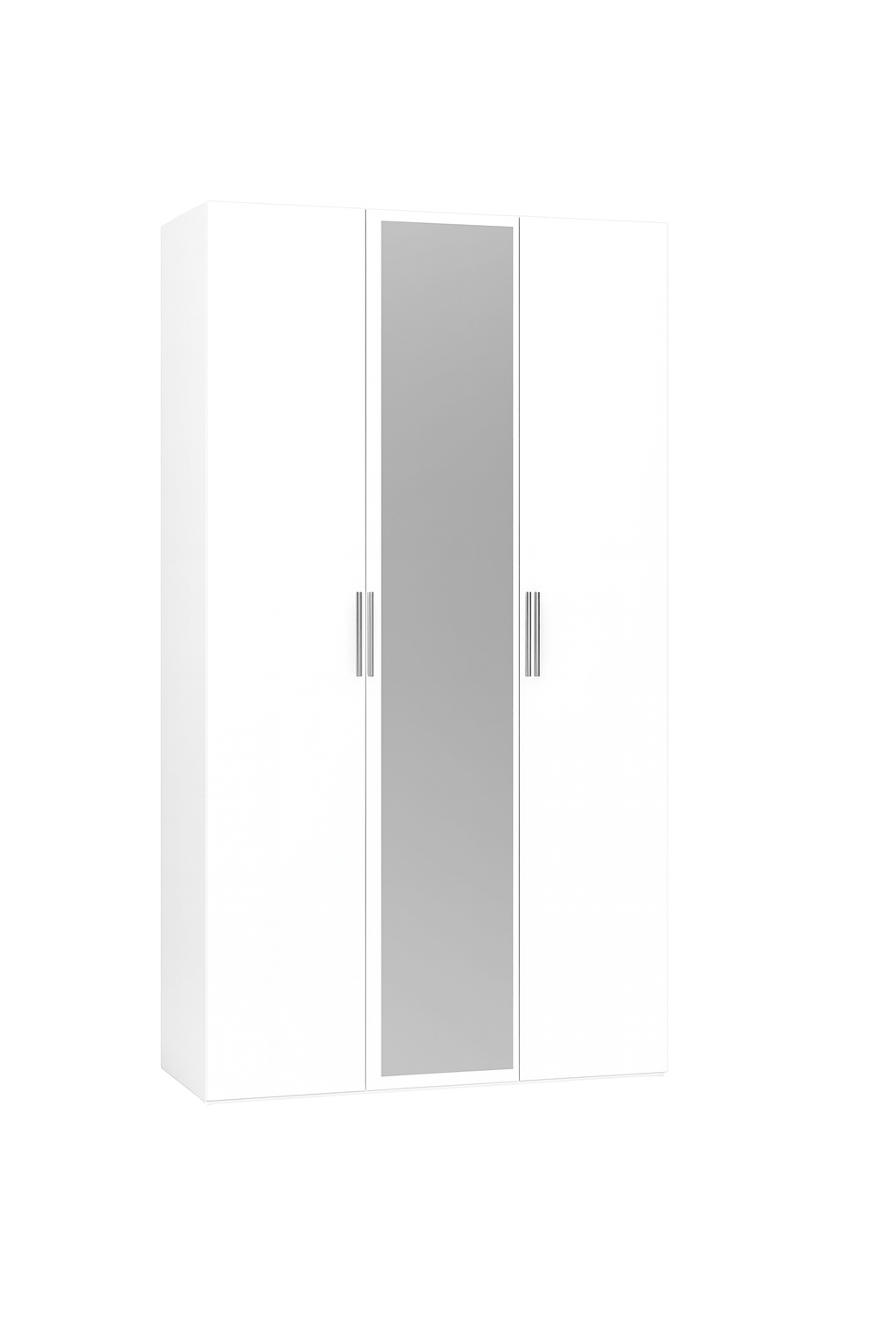 White three-door wardrobe with a full-length mirror on the central door and silver handles.