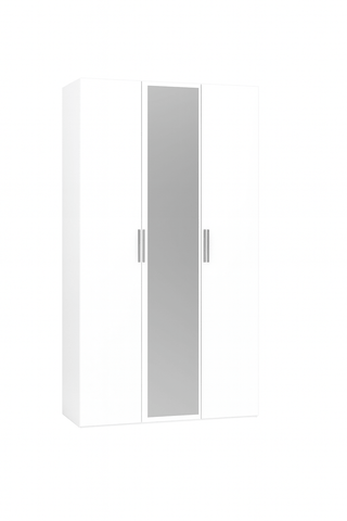 The CHOICEWARDROBE Ferrano 3 Door Wardrobe – White with Mirror (120cm) features sleek silver handles and a full-length mirror on the middle door. This elegant white wardrobe is shown against a plain white background.