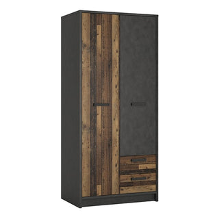 The CHOICEWARDROBE Ferro 2 Door 2 Drawer Wardrobe features a rustic walnut and graphite finish with matte black accents and simple rectangular handles, offering spacious industrial modern bedroom storage.