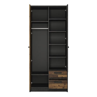 The CHOICEWARDROBE Ferro 2 Door 2 Drawer Wardrobe in Rustic Walnut & Graphite Finish features open doors revealing shelves, a left-side hanging rod, and two bottom right drawers for modern industrial bedroom storage.