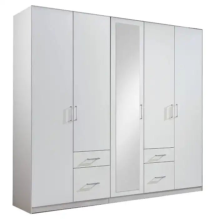 White 5-door wardrobe with central mirrored door and two integrated drawers below left doors.