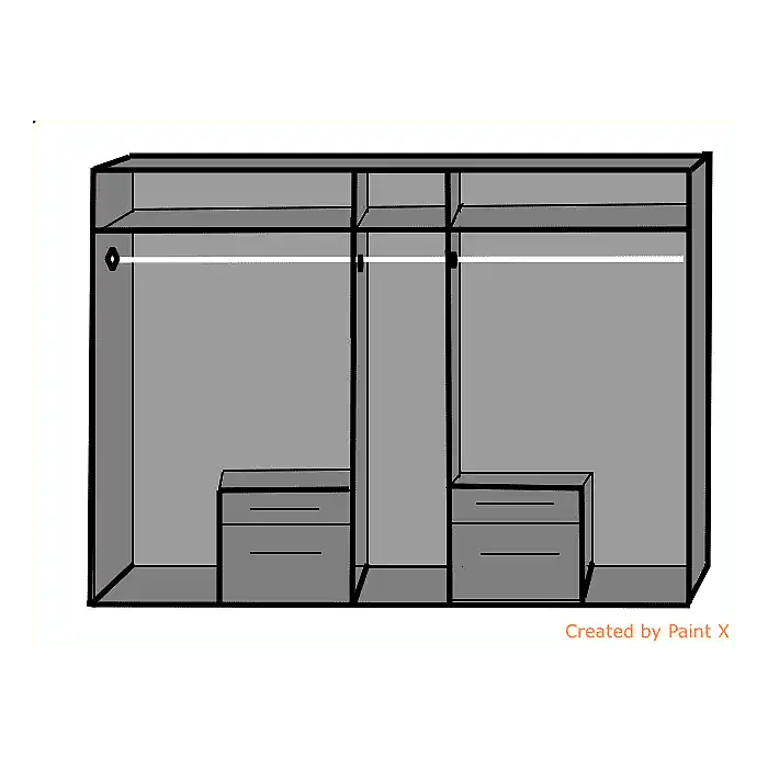 Internal diagram of white 5-door wardrobe, 225cm, showing hanging rails and drawers.