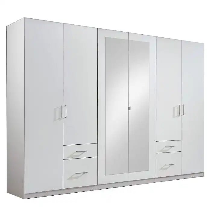 White six-door wardrobe with central mirrored section and two visible drawers on the left.