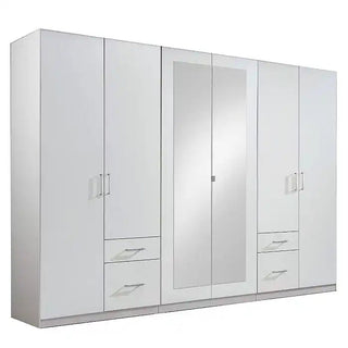 White 6 door mirrored wardrobe with drawers and hanging rails, offering spacious, elegant storage for contemporary UK bedrooms.