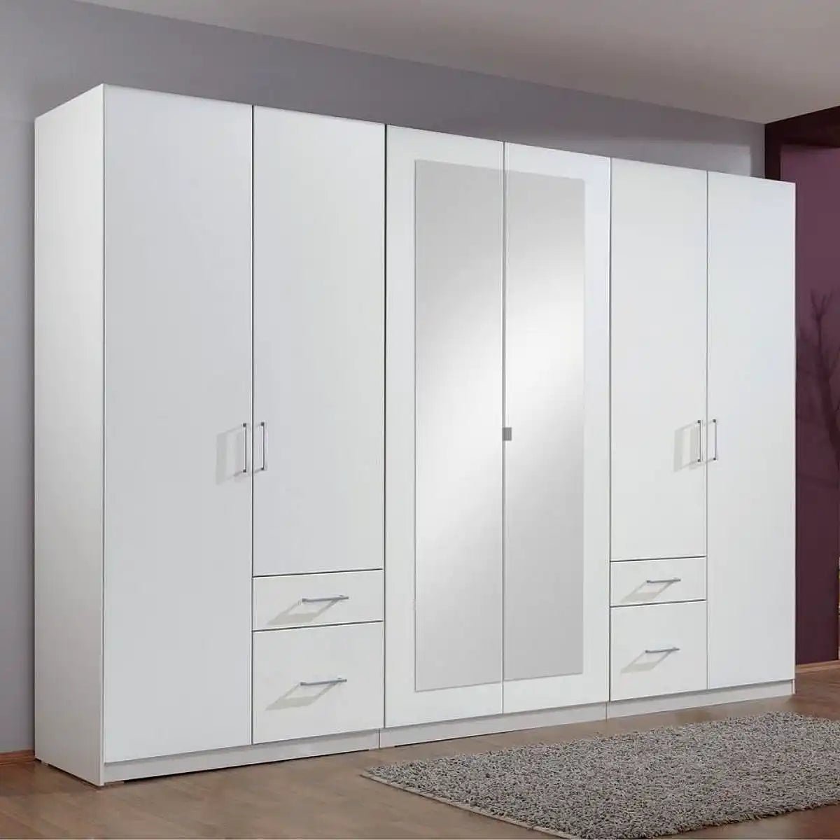 White 6 door wardrobe with central mirrored panels and two sets of drawers below