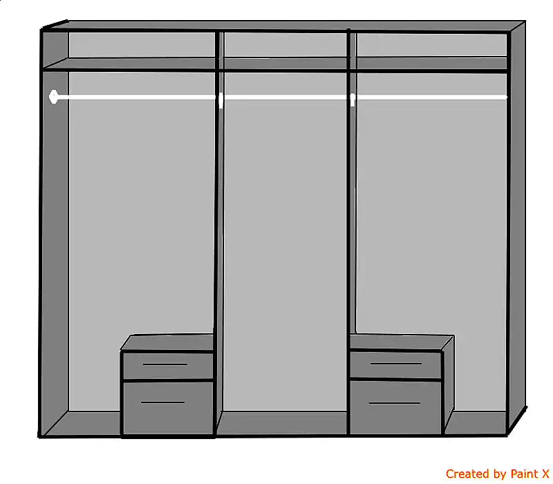 Diagram of a white wardrobe interior showing two hanging rails, shelves and two sets of drawers.