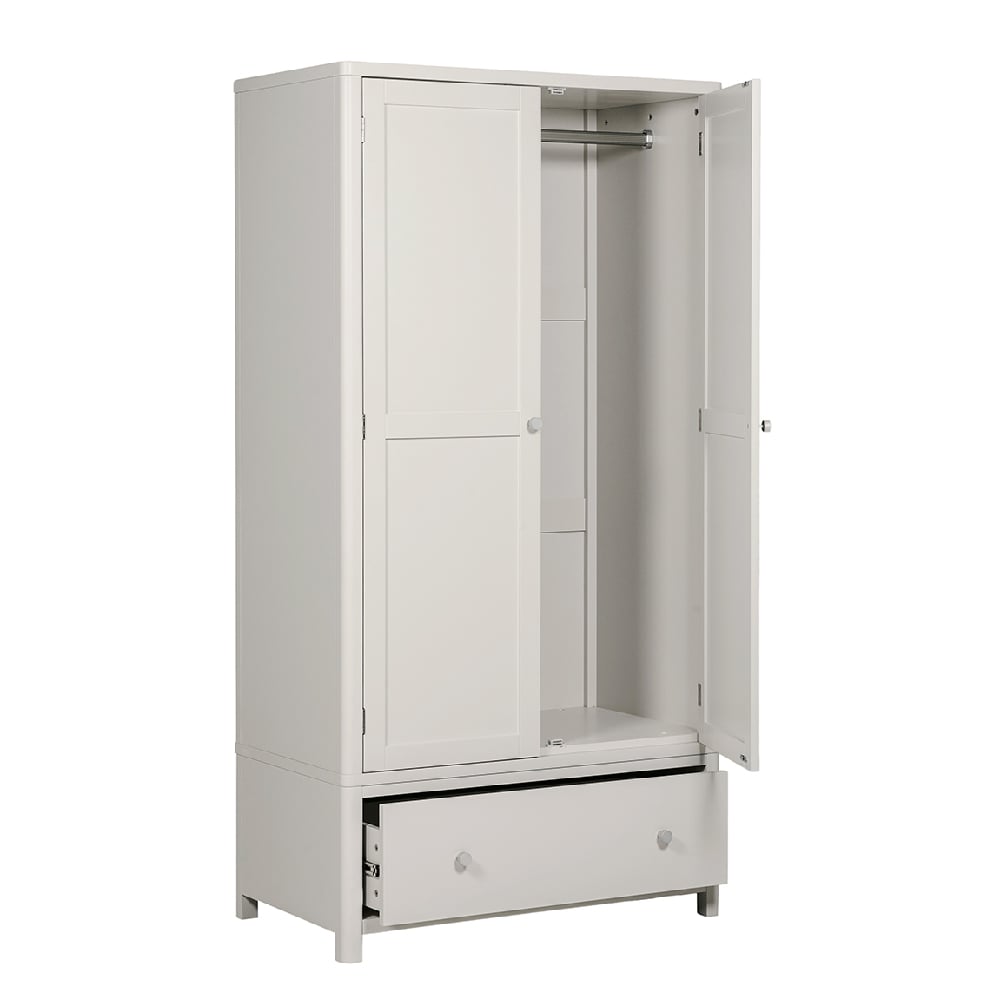 Natural finish 2-door wooden wardrobe with hanging rail and drawer - 97cm compact storage