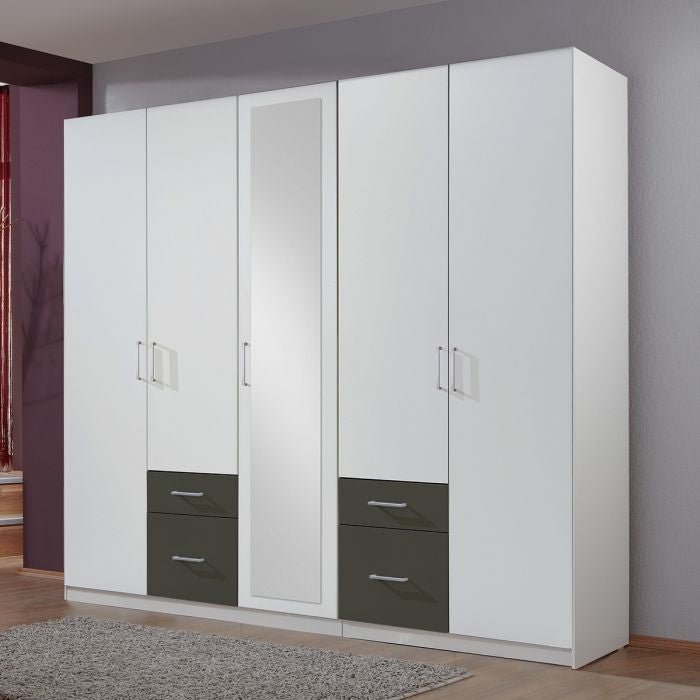 CHOICEWARDROBE 5-door wardrobe, white and graphite two-tone finish with mirrored centre door.